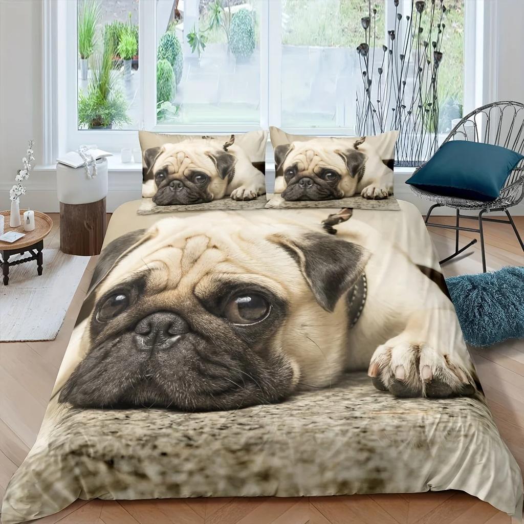 Colección Moderna Adorable de Fundas de Edredón Diseño 3D Adorable Diseño Estampado de Pug Lavable Poliéster Conjunto de Cama Funda de Edredón Suave Para Dormitorio