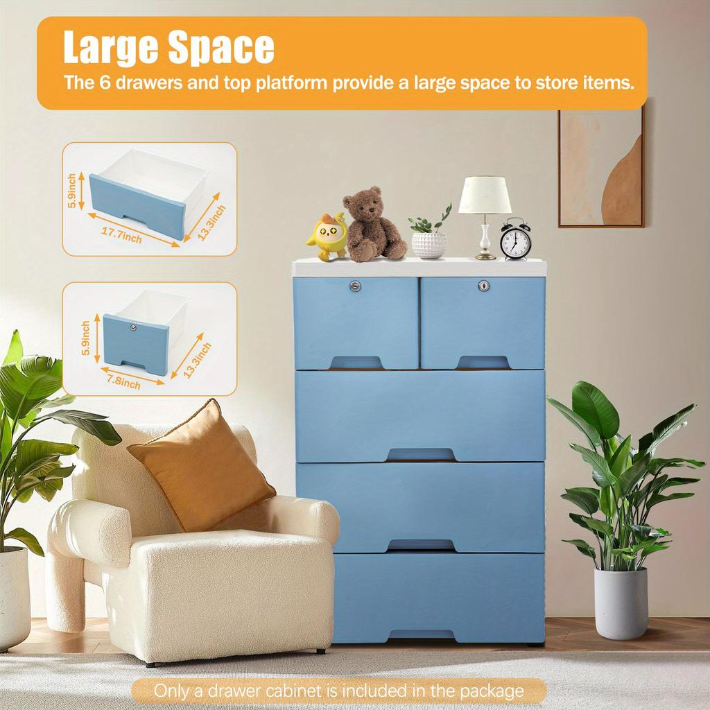6-Drawer Modular Storage Cabinet – PP Plastic Dresser with Wheels & Locks – White/Blue – 50 x 35 x 102 cm