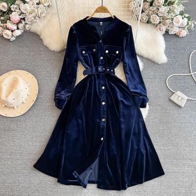 Autumn Winter Velvet Party Dress Runway High Quality Women's V Neck Single Breasted Pockets Velour Slim Midi Vestidos With Belt