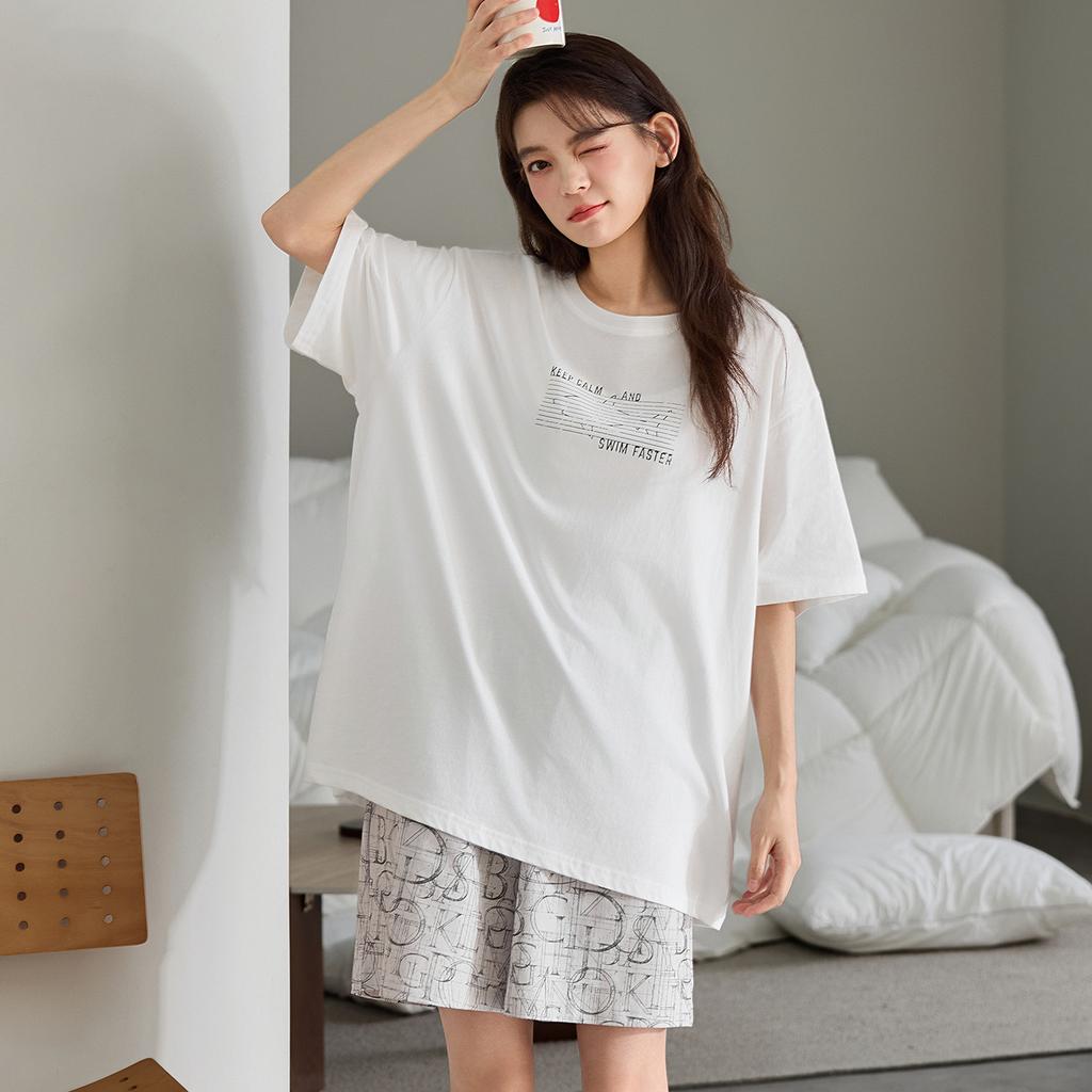 Pajamas women's summer cotton comfortable short-sleeved shorts simple white printing Korean outer wear women's loungewear set