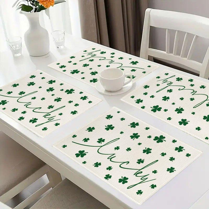 Of 4 Or 6 St. Patrick'S Day Placemats, Designed with a Green Lucky Shamrock Motif, Measuring 12X18 Inches, Ideal for Festive Gatherings At Home, As We