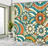 Hippie Shower Curtain, Daisy Look Flowers on Abstract Groovy Style Waves Retro 60s 70s Vibes, Cloth Fabric Bathroom Decor Set