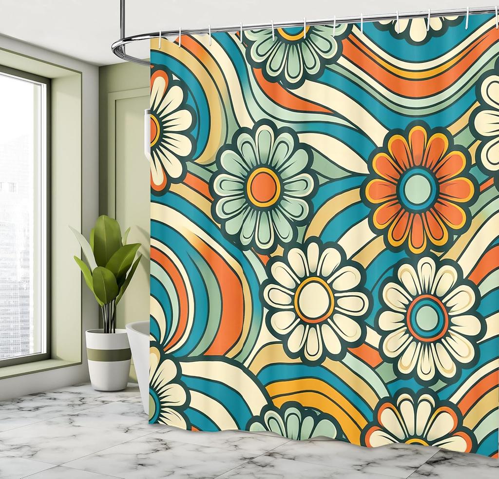 Hippie Shower Curtain, Daisy Look Flowers on Abstract Groovy Style Waves Retro 60s 70s Vibes, Cloth Fabric Bathroom Decor Set