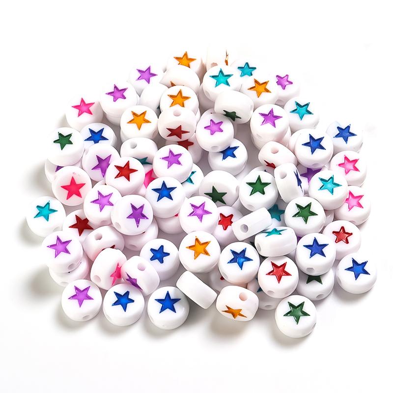 100pcs/Lot Acrylic Beads Flat Circular Shape Colorful Star Beads Loose Beads For DIY Jewelry Bracelet Necklace Accessory