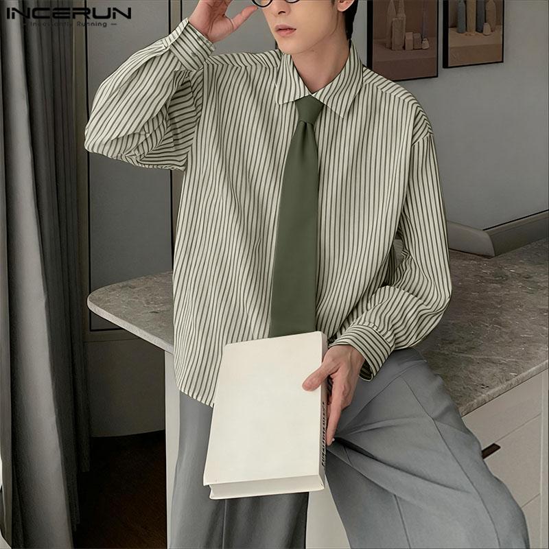 INCERUN S-5XL Men Turn-down Collar Tie Long Sleeve Striped Casual College Style Shirts