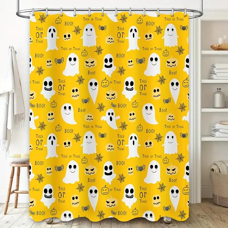 Spooky Halloween Shower CurtainFestive Ghosts Pumpkins in Yellow Creepy Decor for Your Bathtub