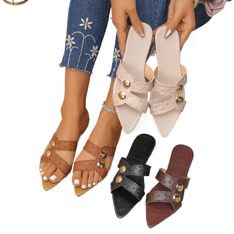 Fashion Plus Size 2025 Summer Open Toe Women’s Slippers Fashion Pointed Toe Flat with Rivet Concise Sandals for Daily Dress Slippers
