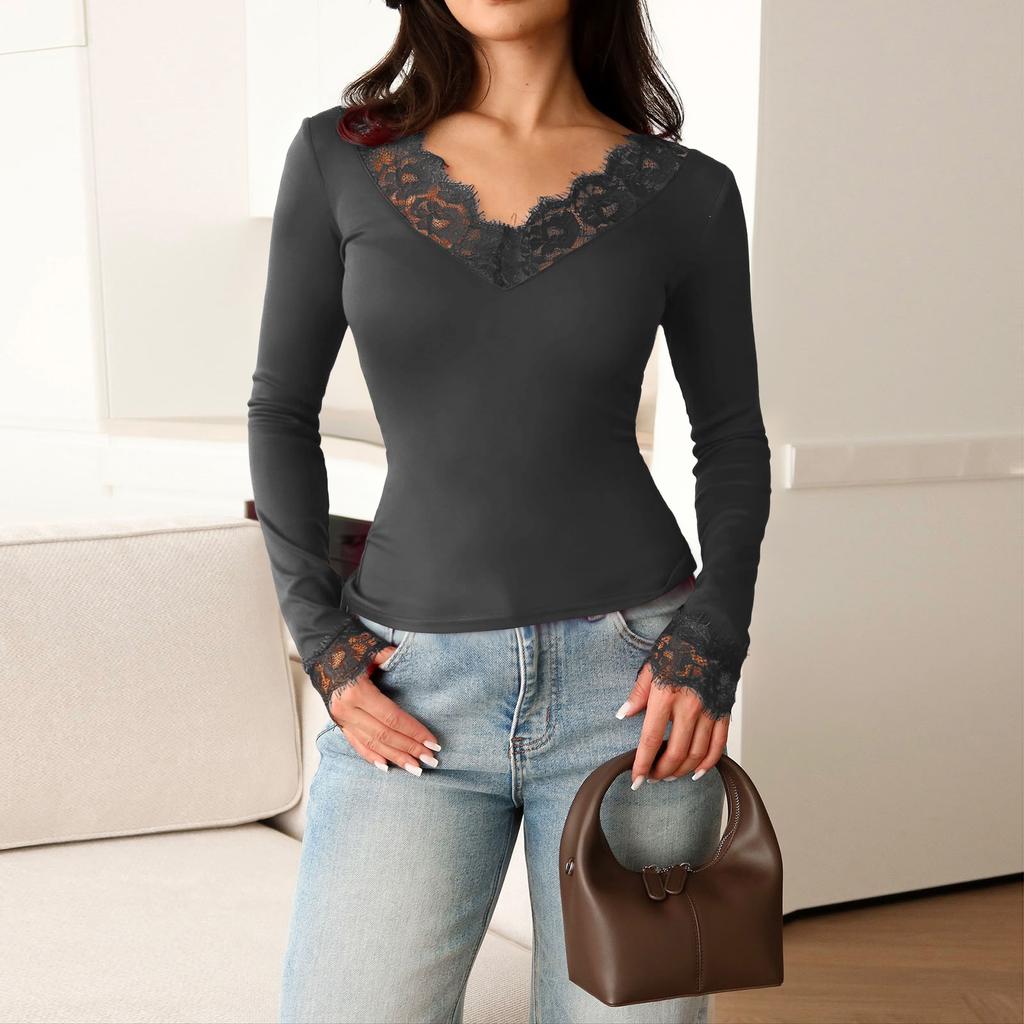 Women's Color V,Neck Lace Trim Blouse With Gathered Waist And Long Sleeves