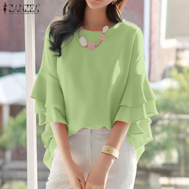 ZANZEA Bluză lejeră de damă, casual, cu gât rotund și mâneci cu volane