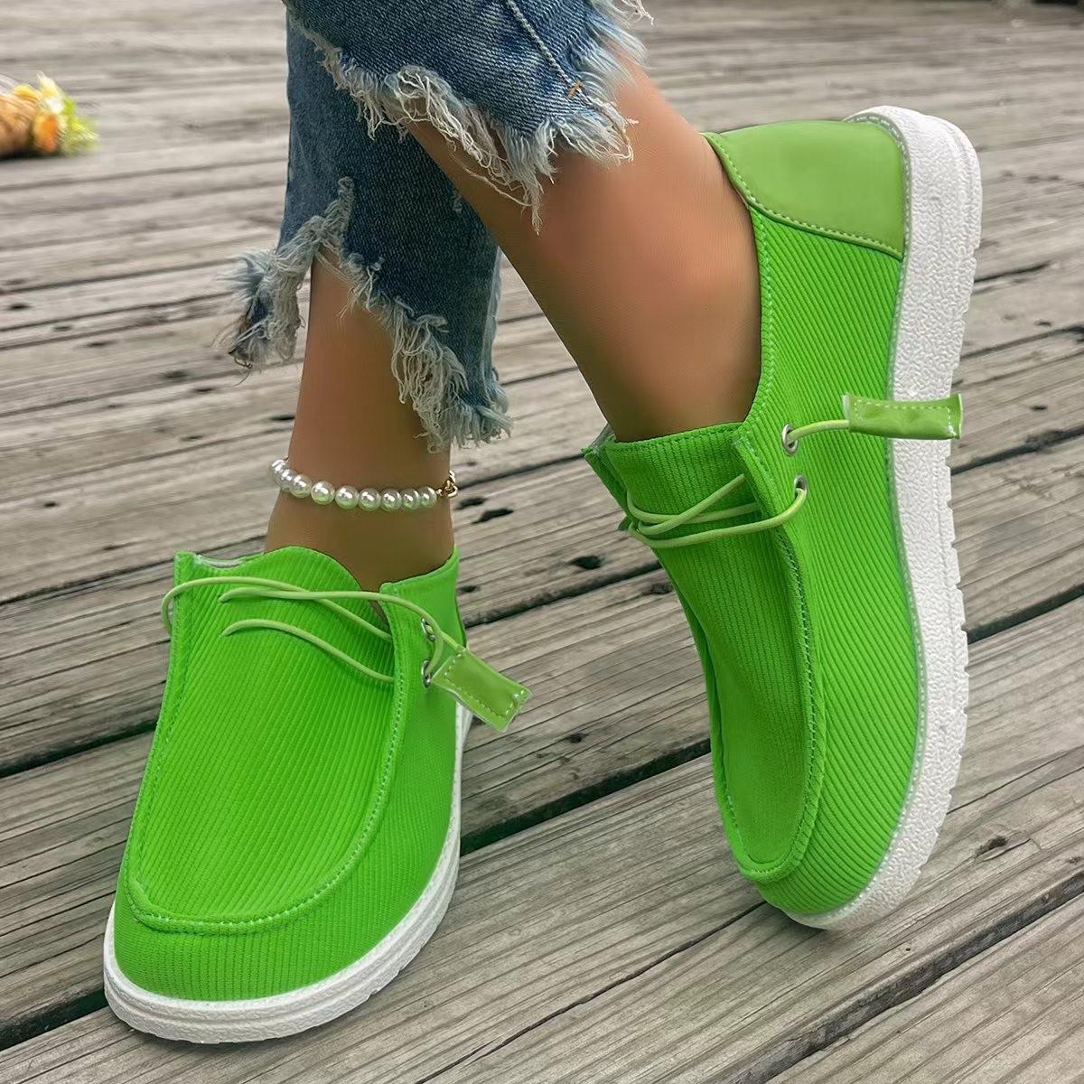 

Большие размеры 2025 года, летние и осенние парусиновые туфли для женщин, двухслойные туфли с плоской подошвой, для ленивых людей и женские туфли с одной педалью 43 флуоресцентный зеленый