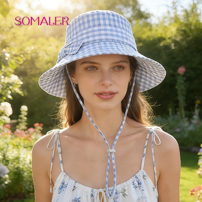 SOMALER Women's Summer Plaid Sun Hat Cotton Beach UV Protection Bucket Hat