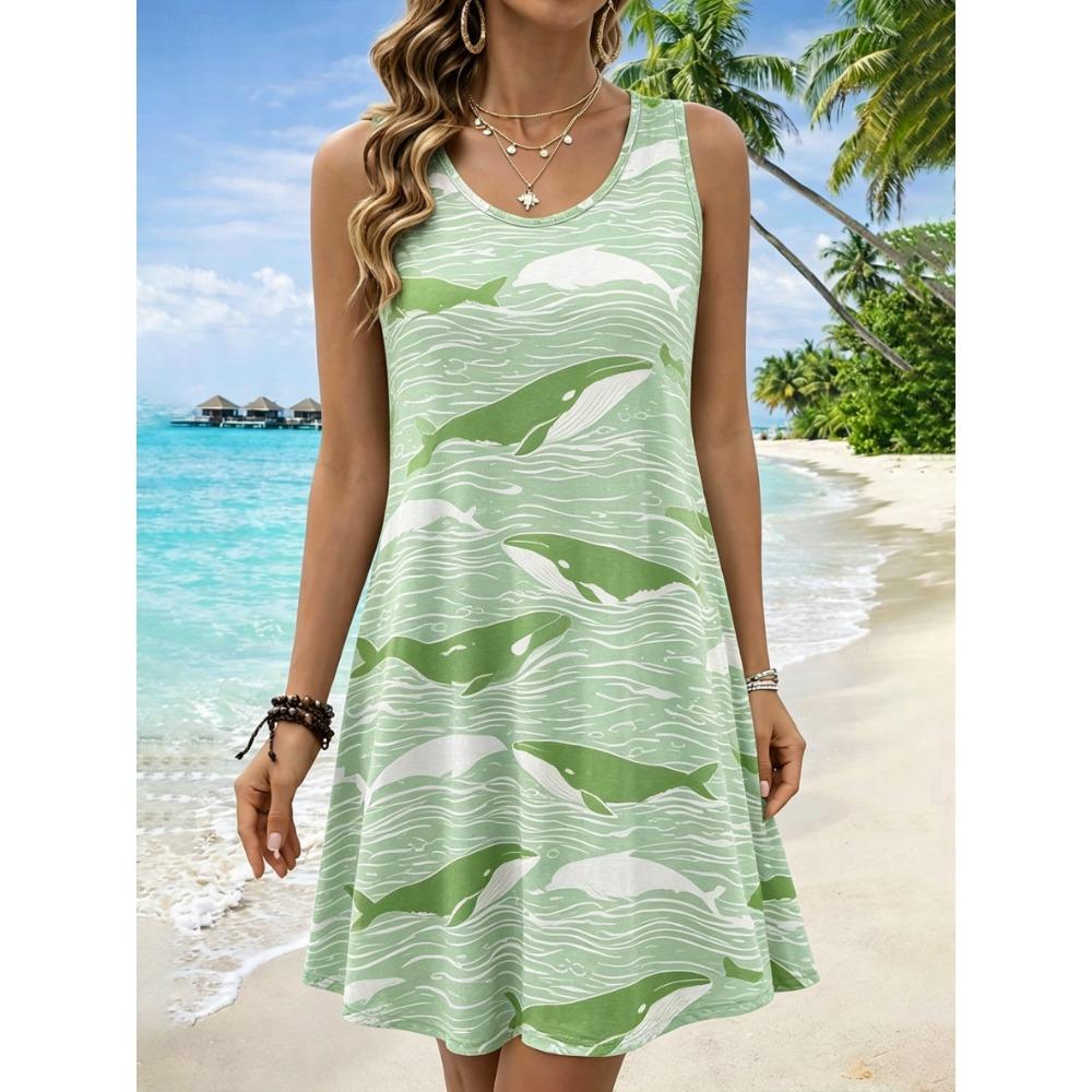 

Women s Round Neck Sleeveless Whale Print Casual A-Line Mini Dress, Beach Tank Dresses for Spring & Summer S