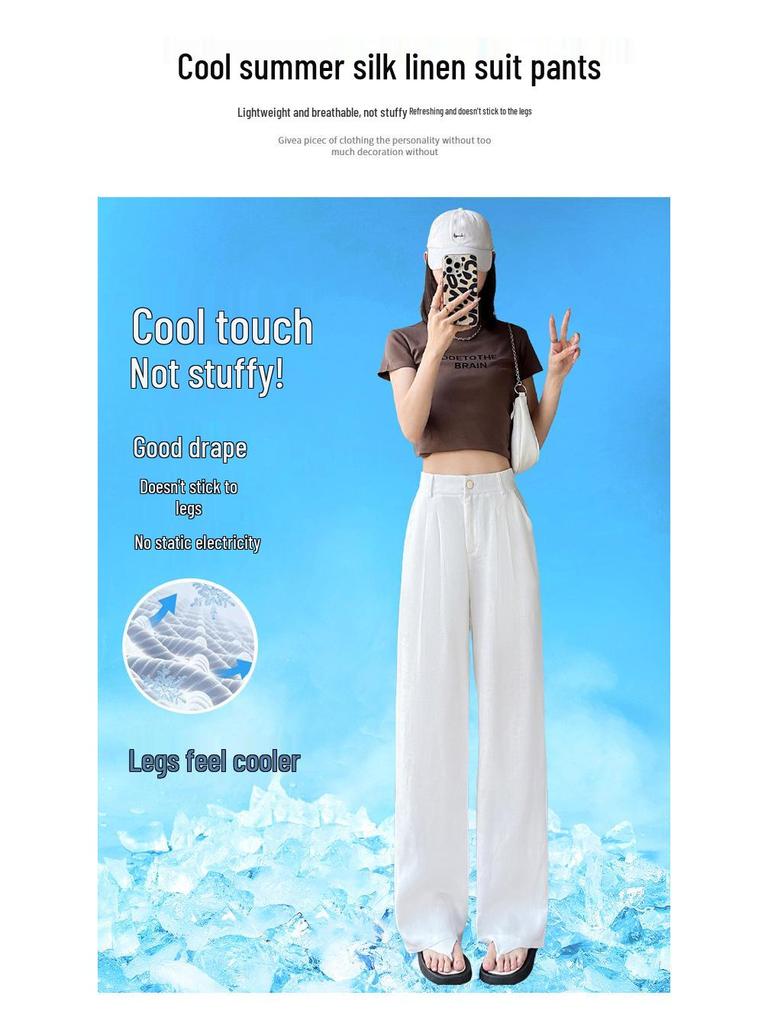 Pantalones de Pierna Ancha de Tencel Lino de Cintura Alta con Protección Solar de Seda de Hielo para Mujer Verano 2026