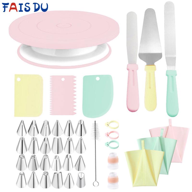 FAIS DU Macaron Cake Turntable Set with Cream Nozzles Scrapers Upgraded Revolving Cake Stand Tools for Baking Pastry Decorations