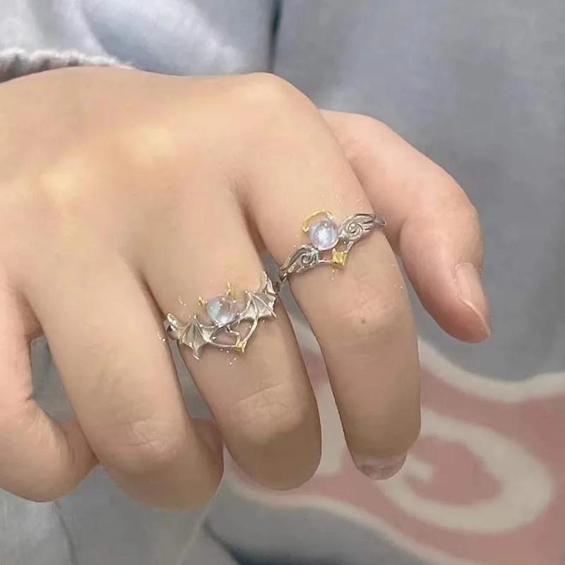 2024 Neue Partnerringe Engel Freundin Mondstein Silberfarbener Ring für Frauen Männer Öffnend Verstellbar Liebende Ring Schmuck Geschenk