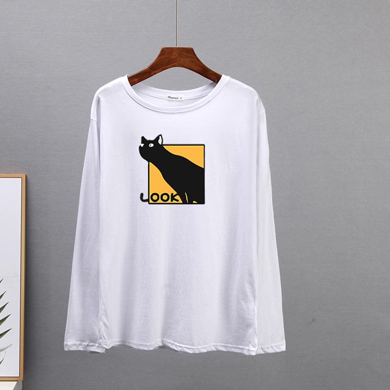 Hirsionsan Casual Loose T Shirt Women Spring New Simple Cute Cat O-neck Tees Female Fashion Long Sleeve All-match Tops for Girls