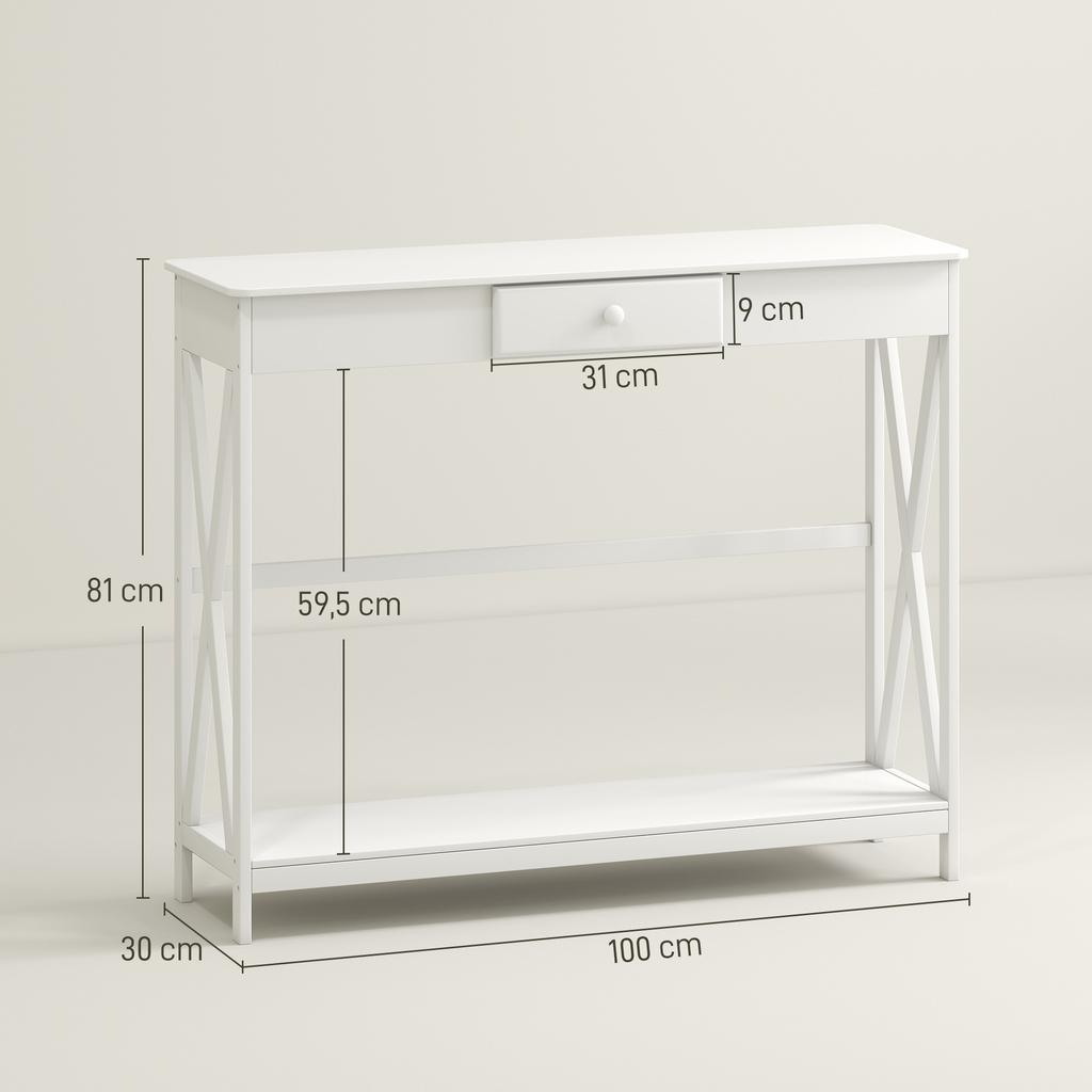 Mesa Consola Mesa de Entrada Con 1 Cajón + 1 Estante Dim. 100L X 30A X 81A Cm En Madera Blanco