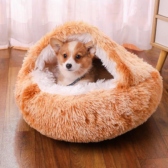Pet House Warm Semi-Enclosed Kennel with Plush Lining Foldable Design Anti-Slip Bottom Stress-reducing Pet Bed