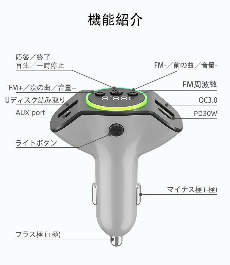 QISI FM Transmitter, Bluetooth Car Cigarette Lighter Socket, iPhone Smartphone, USB Type-c Port, Rapid