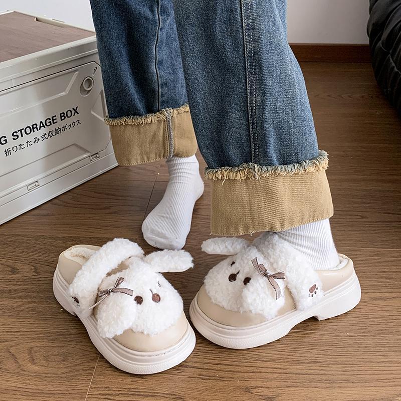 Fashion Cute Short Plush Cartoon Puppy Indoor Slippers Women Winter Warm Faux Fur Cotton Slides Comfort Thick Bottom Bedroom Slippers