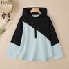 ZANZEA Damen Lässig V-Ausschnitt Locker Langarm Patchwork Kapuzenpullover Bluse