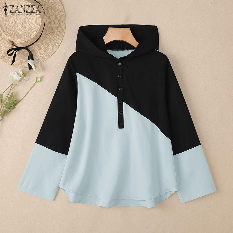 ZANZEA Damen Lässig V-Ausschnitt Locker Langarm Patchwork Kapuzenpullover Bluse