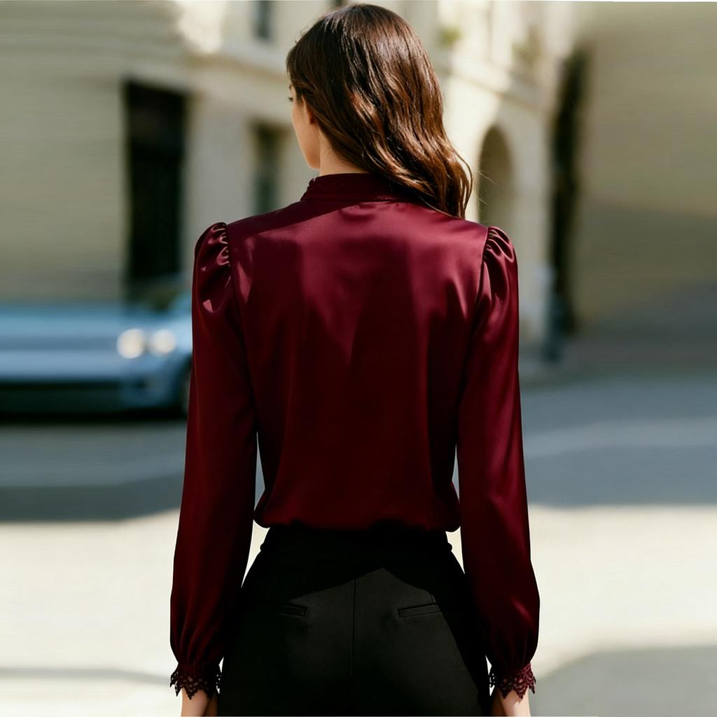 Women's Fashionable Color Long Sleeved Button Satin Lace Patchwork Stand Up Collar Shirt Top