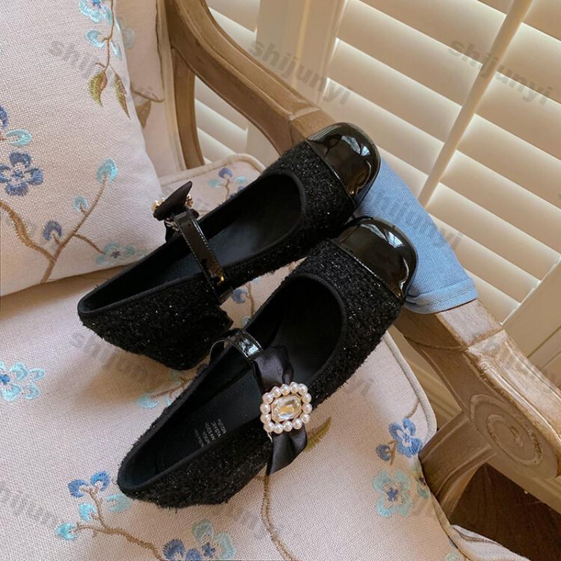 Women's Pink Bow Mary Jane Single-shoe Thick Medium Heel Shoes Princess Elegant High Heel Thick Heel Mary Jane Leather Shoes