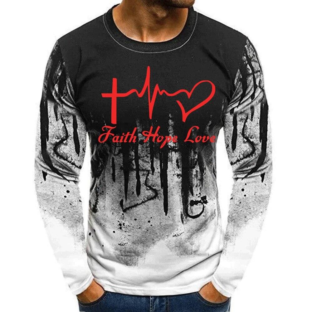 Faith Hope Love Painting 3d Print Men's Long Sleeve T-shirt Spring Autumn Jesus Heart O-Neck Pullover Fashion Street Tops