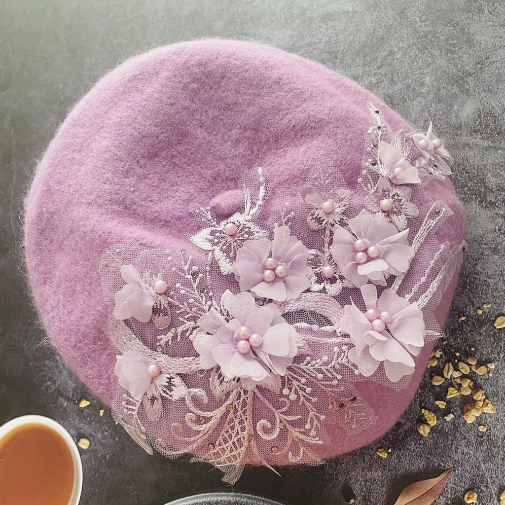 Fashion Hat Purple Pearl Embroidered Floral Wool Beret Pumpkin Hat for Women