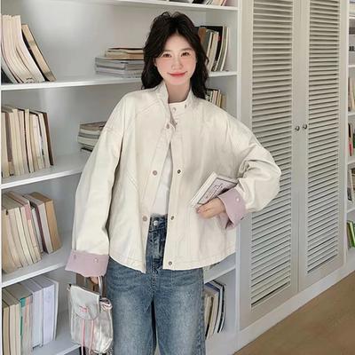 Lässige Kontrastierende Workwear Stehkragen Damen Frühling Herbst Neu Locker Kurze Jacke Oberteil