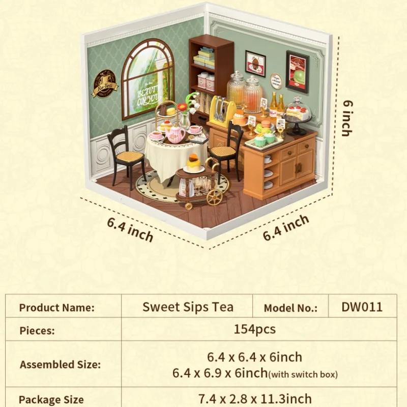 Robotime DIY Miniature House Kit Dollhouse Model Kit with LED Burger Shop And Leisurely Cheers Bar And Sweet Sips Tea