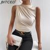 BITCED Women's Spring/Summer Fashion Versatile Solid-Colour Pleated Sleeveless Pullover with Half-High Neck T-Shirt