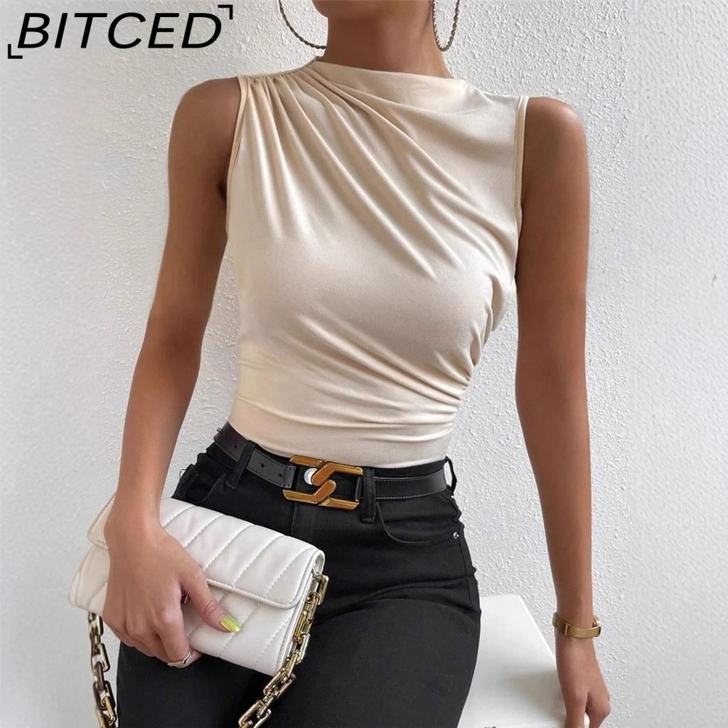 BITCED Women's Spring/Summer Fashion Versatile Solid-Colour Pleated Sleeveless Pullover with Half-High Neck T-Shirt