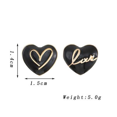 Lindos Pendientes de Tuerca de Corazón de Esmalte Negro al Óleo para Mujeres Niñas Asimétricos con Patrón de Forma de Corazón con Letra 'Love' Joyería de Moda