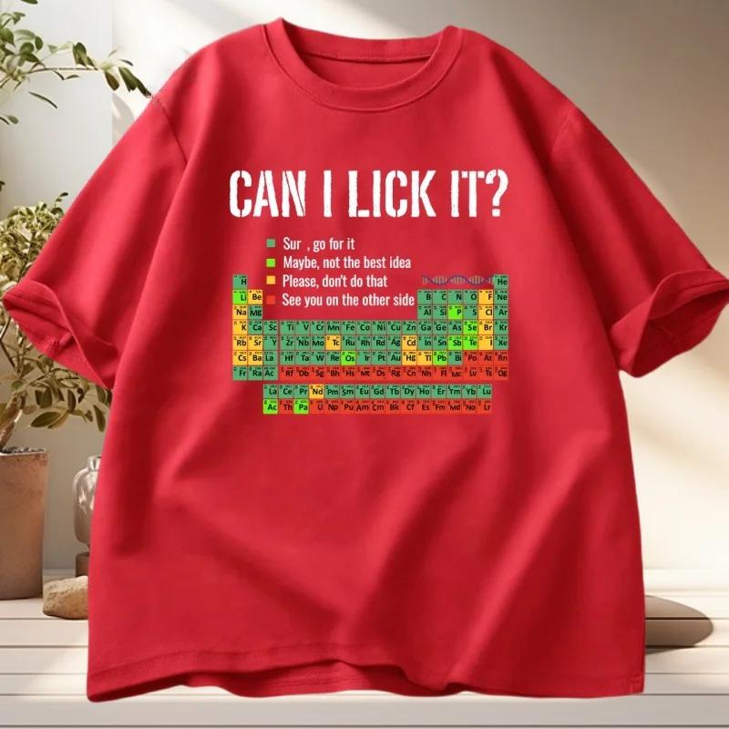 Oversized Short-Sleeve T-Shirt Featuring Humorous "CAN I LICK IT?" Typography, a Color-Coded Periodic Table of Elements with Safety Level Annotations