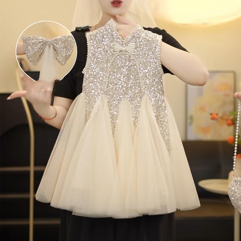 Kids Girl Clothes Sequined Flying Sleeves Summer Party Dresses for Girls Elegant Mesh Vest Skirt Princess Dress Evening