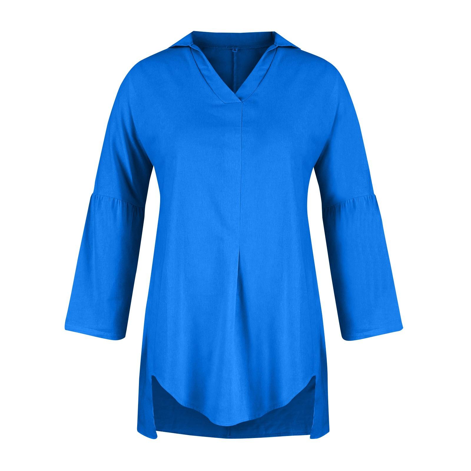 

Women s Fashion Solid Color V-Neck Loose Sinking Sleeve Shirt Top L синий