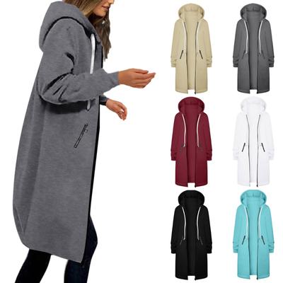 Dame Casual Lynlås Hættetrøje Lang Tunika Sweatshirt Vinter Vindtæt Snoretræk Hætte Jakke Ydertøj Med Lommer