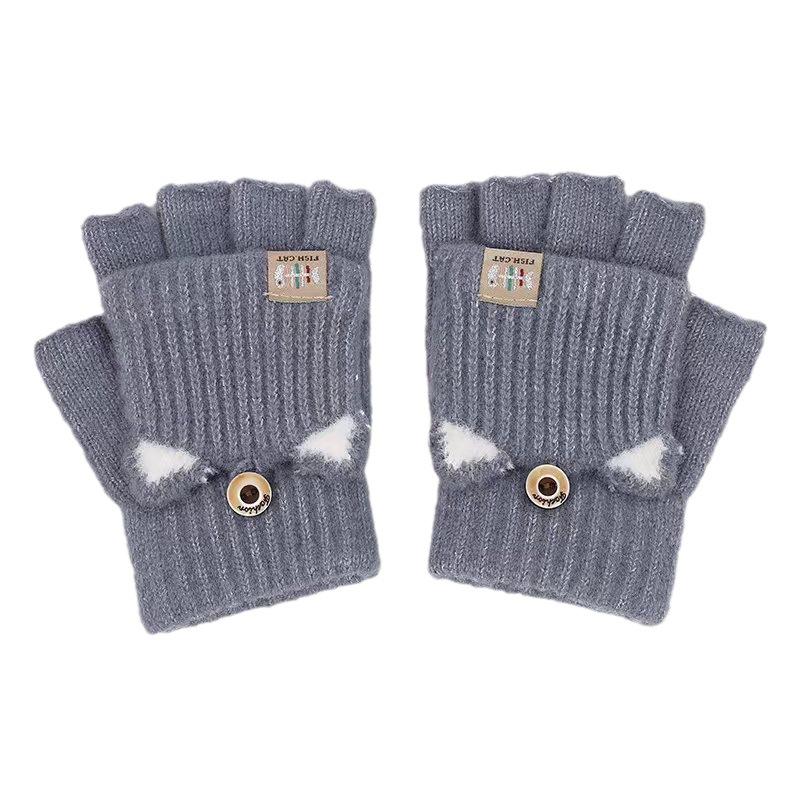 Winter Warm and Cute Cartoon Plush Half-finger Flip-top Student Writing Children's Cold-proof Knitted Gloves for Men and Women