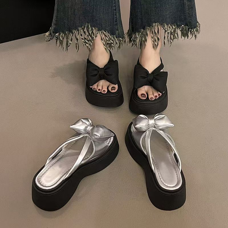 Outdoor Wear Fashion Popular Versatile Round Head Muffin Shoes Summer 2025 New Bow Thick-soled Beach Cool Slippers