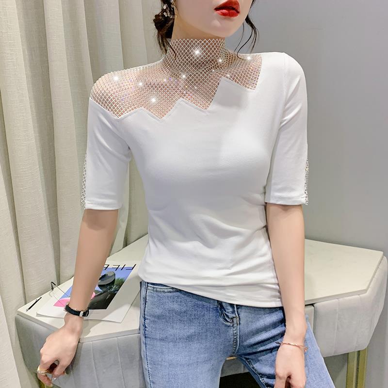 2026 Spring European Style Women's Short Sleeve T-shirt with Hot Drilling and Hollow Out Design