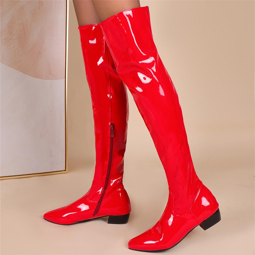 Women Candy Colour Over the Knee Boots Wide Calf Size 31~48 Chunky Low Heel Pointy Toe Patent Leather Comfortable Boot Zip Shoes