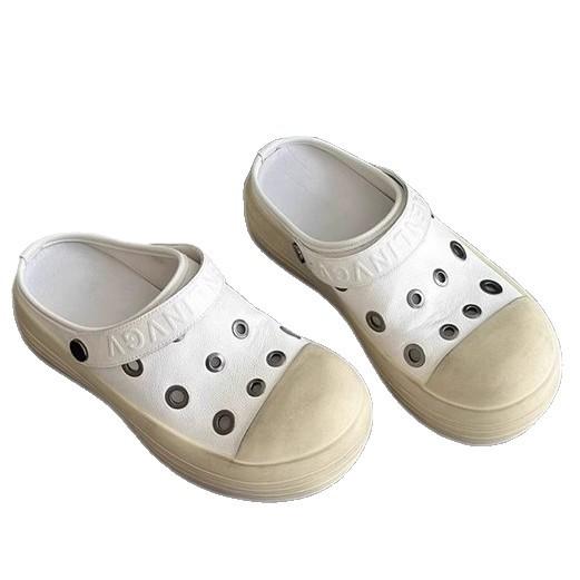 Soft Leather Version~ Thick-soled Heightening Hole Shoes Women's Summer Breathable Sandals Bag Head Half Slippers Casual Boken Shoes