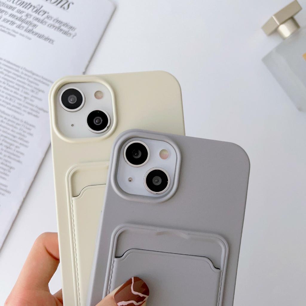 For iPhone 14 Soft Liquid Silicone Phone Case Card Slot Slim Protective Back Cover with Lanyard Strap