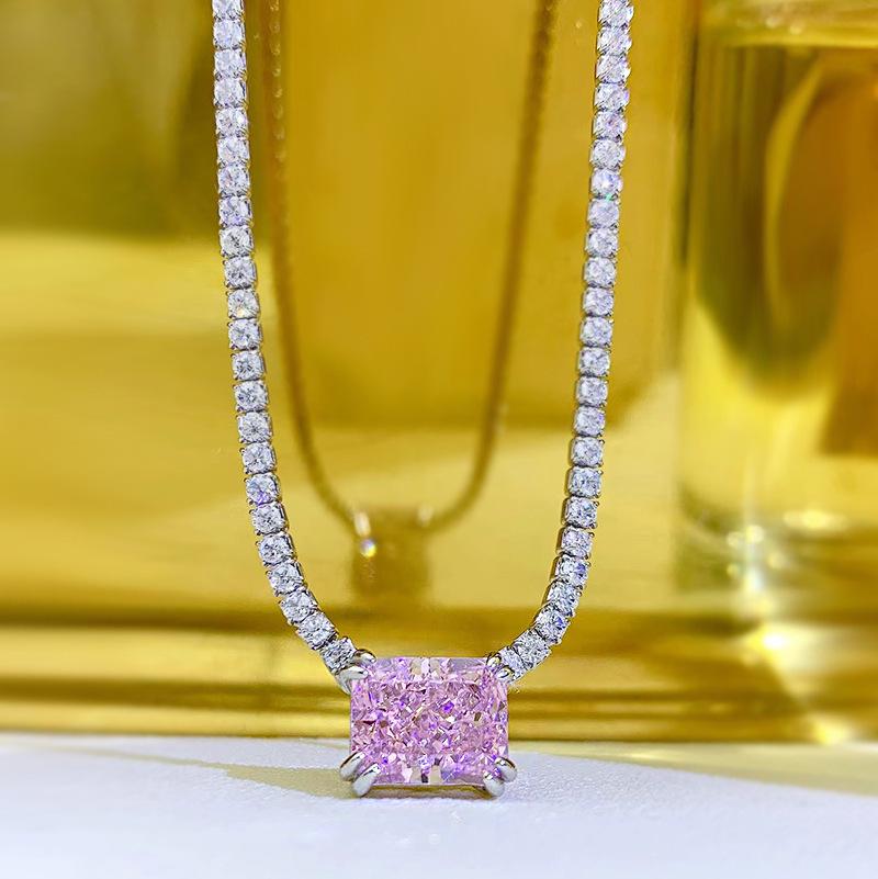 Luoxi Temple S925 Silver Necklace with Pink, White, and Yellow Rectangular High Carbon Diamonds - European and American INS Style