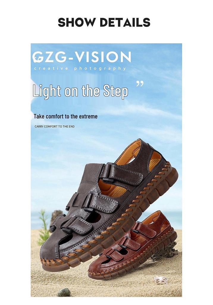 Men's Large Closed-Toe Handmade Leather Sandals, Breathable & Perforated for Beach