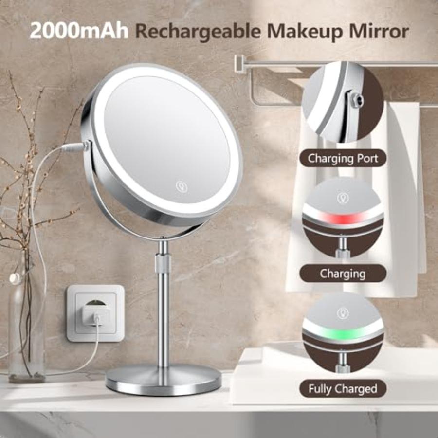10x Large Lighted Makeup Mirror Rechargeable 8 Height Adjustable Vanity Mirror 1x 10x Magnifying Mirror with 3 Color Brightn Ad