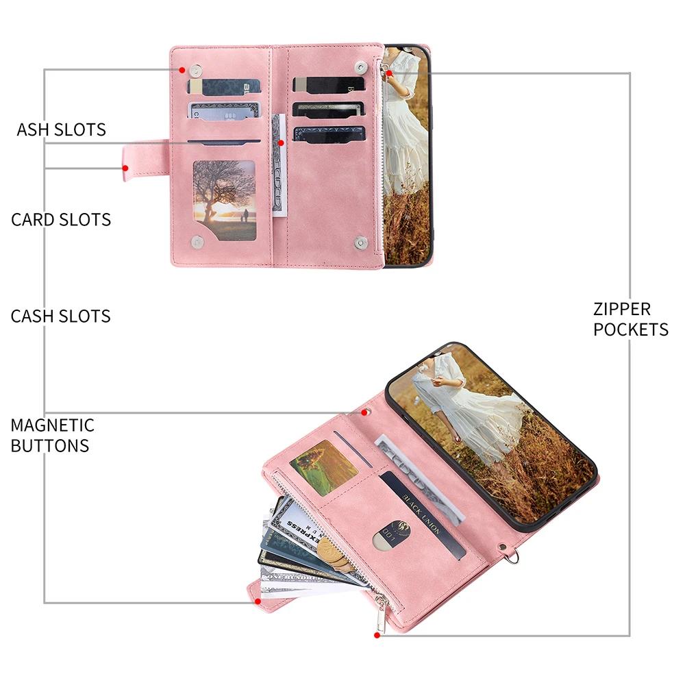 Zipper Wallet Flip Cover For iPhone 16 Pro Max 15 Plus 14 13 12 Pro 11 X XR XS 7 8 Plus SE 2022 SE 2020 Multi Card Slot Cover