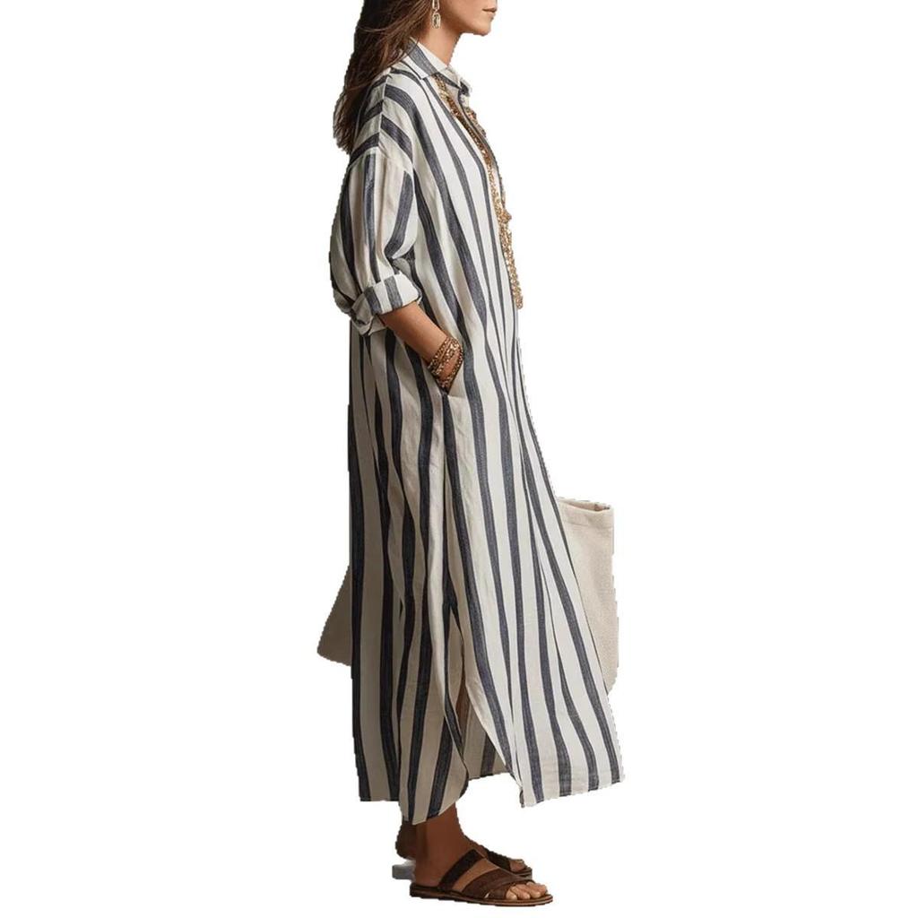European & American Striped V-neck Summer Shirt Dress with 3/4 Sleeves